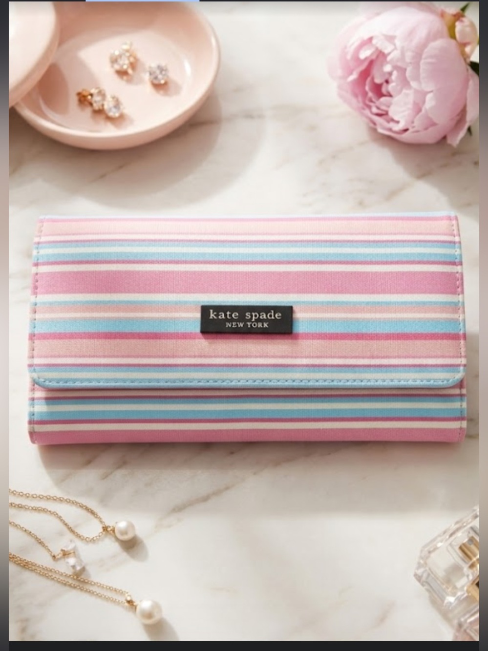 kate spade Pink, Light Blue & White Striped Card Wallet